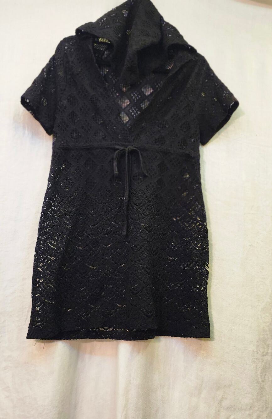 Black Lacy Sz Large Hooded Coverup Button Front Tie Waist Above Knee Vacation
